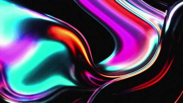 Abstract Glowing Holographic Fluid Splash Video Loop with Vibrant Neon Iridescent Energy Waves Flow on Black Background for Modern Music Stage Screen Visuals Backdrop