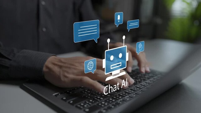 AI chatbot and AI agent assistant concept. Person using laptop with robot chat bubble, smart bot and message icons, automated customer support and conversational AI platform.