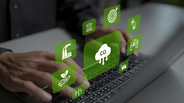 CO2 reduction concept. Person using laptop with CO2, low carbon footprint and factory chimney icons, environmental sustainability and greenhouse gas emission control.