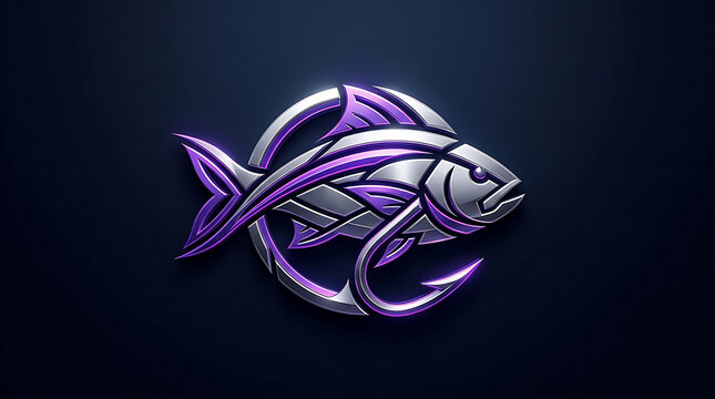 Metallic silver and purple fish logo icon with a sharp fishing hook design element