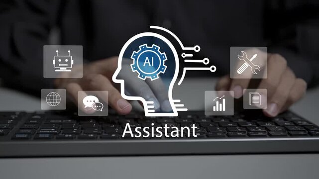 Digital AI assistant concept. Person typing keyboard with virtual agent, prompt input and task automation icons, intelligent workspace tool and smart assistance.
