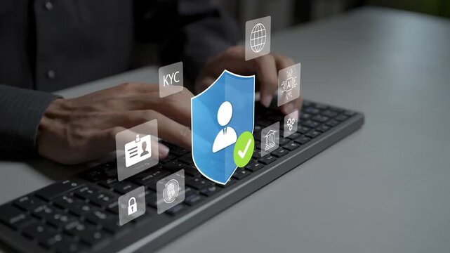 Digital identity verification and KYC concept. Person typing keyboard with biometric scan, ID card and lock shield icons, secure online onboarding and user authentication.