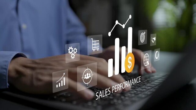Sales performance concept. Person using laptop with growing bar chart, target bullseye and dollar currency icons, revenue growth, sales analytics and commercial success tracking.