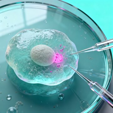 A microscopic image of a single cell being manipulated by two microinjection needles, highlighting cellular components with a glowing pink nucleus.