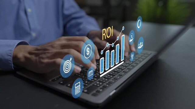 ROI Return on Investment concept. Person using laptop with profit growth graph, financial performance analytics and capital growth strategy.