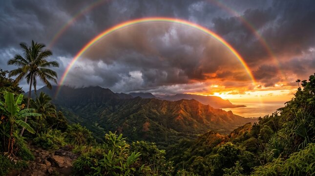 Dramatic sunset illuminates a beautiful double rainbow above tropical mountains