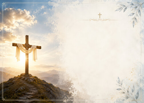 Christian Cross at Sunrise Religious Background with Copy Space