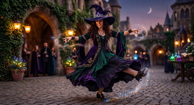 Smiling witch in a purple and green dress dancing with magical glowing sparks on a cobblestone courtyard in a fantasy village at twilight
