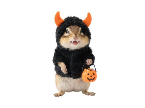 Cute chipmunk in devil costume holding candy bucket isolated