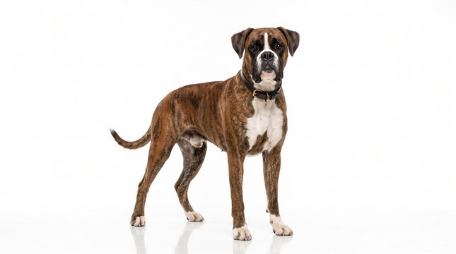 Boxer Dog Portrait: A majestic boxer dog with brindle coat stands proudly on a white background, exuding a strong and alert demeanor.