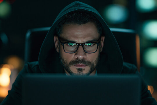 Focused Hooded Man Working on Laptop