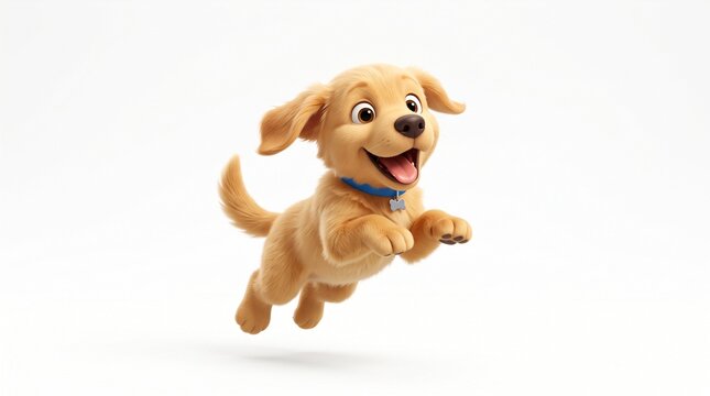 Playful Puppy Leap: A cute, animated golden retriever puppy with a big smile leaps joyfully, its tail wagging with pure excitement, embodying happiness and playful spirit.