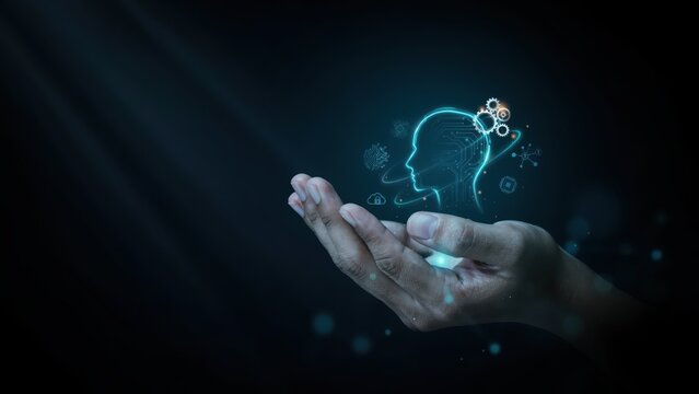 Human hands holding a glowing digital artificial intelligence head