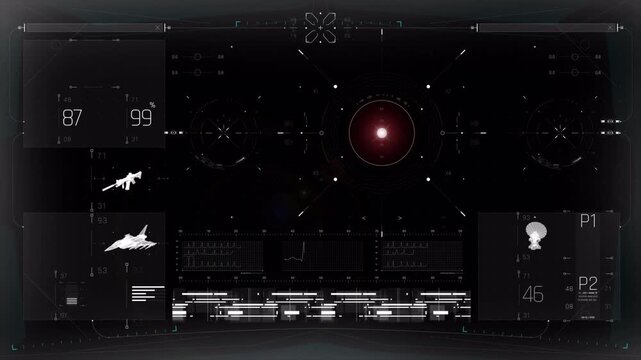 Futuristic digital military head up display interface with red targeting scanner.