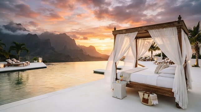 Exotic infinity pool lounge area with canopy bed at sunset overlooking dramatic mountain peaks