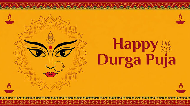 Stylized goddess durga face with lotus inspired halo diyas and ornamental borders for durga puja and navratri festival on bright yellow background