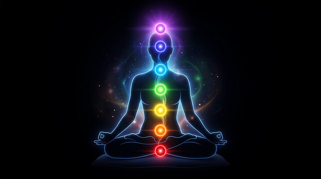 Meditative silhouette with glowing chakras in dark space meditation