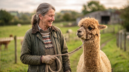 Fototapeta premium Smiling mature woman farmer holding a halter trained alpaca on a rural farm