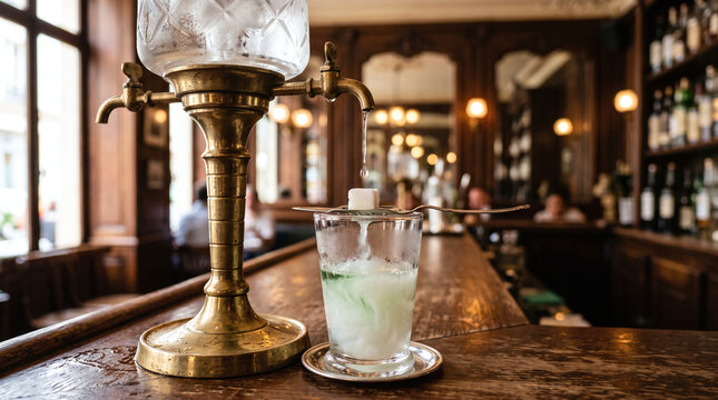 Vintage brass absinthe fountain dripping water over sugar cube in French bar