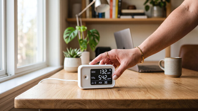 Hand touching a digital indoor air quality sensor on a bright wooden desk