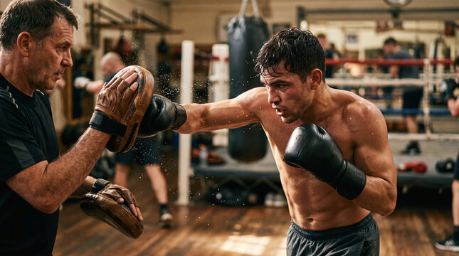 Boxer punches focus mitts with coach during intense training in boxing gym