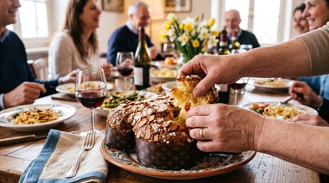 Family sharing traditional Italian Colomba cake during Easter celebration