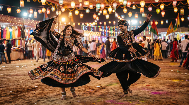 Indian couple happily dancing Kalbeliya at vibrant illuminated Holi festival