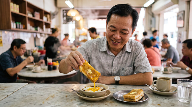 Smiling Asian man dipping butter kaya toast into soft boiled eggs at a cafe.