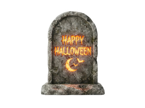 Vintage stone tombstone with glowing happy halloween sign on transparent