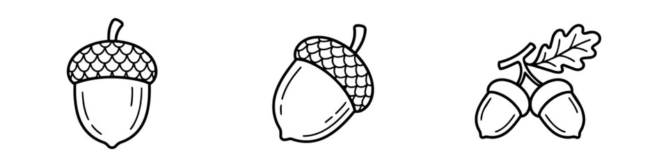 A set of minimalist acorn line art illustrations, featuring single nuts and a pair with an oak leaf. Ideal for autumn decorations, forest themes, and botanical coloring page designs. © Trends