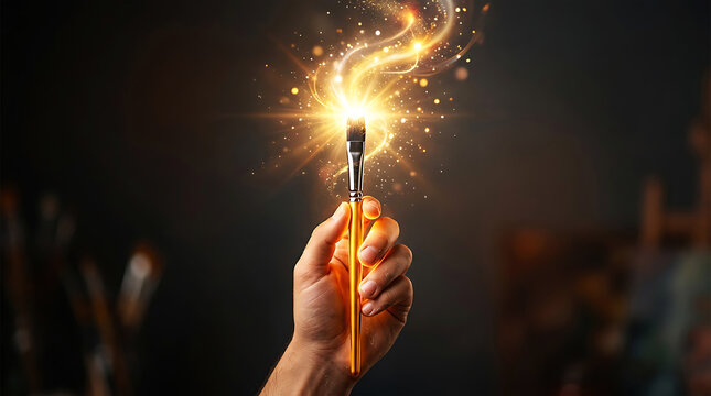 Hand holding glowing orange paintbrush against dark background