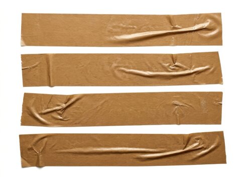 Four Distinct Strips Of Brown Packaging Tape Isolated On A White Background