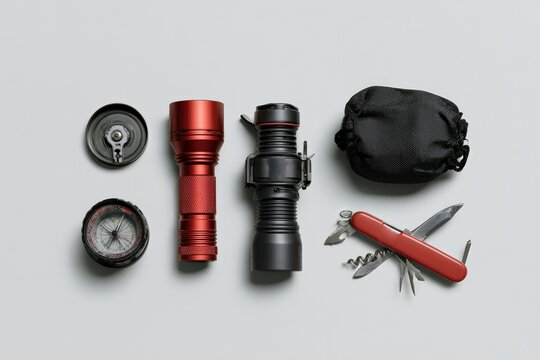 Collection of compact outdoor tools including compass flashlight and multi-tool