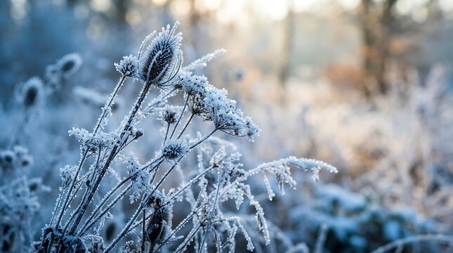 Frozen teasel heads and dried plants covered in sparkling frost on a cold winter day