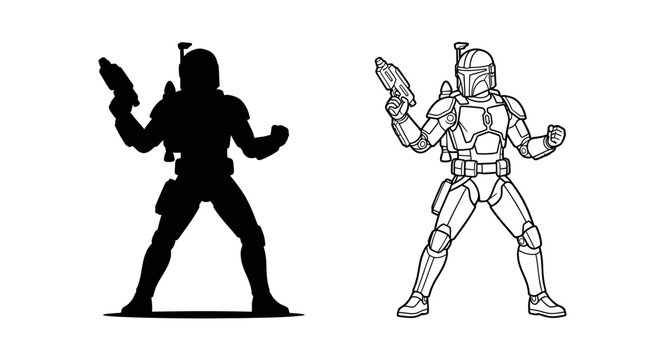 Silhouette and line art depiction of a futuristic soldier with blaster rifle