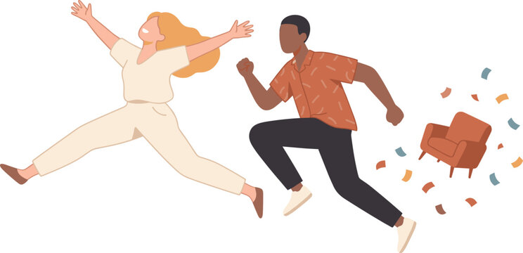 Excited Man And Woman Jumping With Joy And Confetti