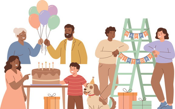 Family Celebrating Birthday Party With Cake Balloons And Banner