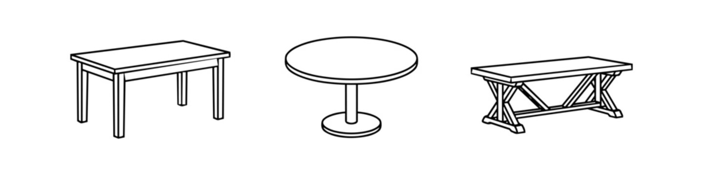 Vector set of three table line art icons including a rectangular dining table, a round pedestal table, and a rustic trestle table on a white background. Perfect for furniture and interior design.