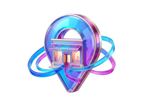 Blue and purple luxury location pin icon featuring a building symbol surrounded by glowing rings map marker premium place store location shop marker navigation icon address sign 3D icon
