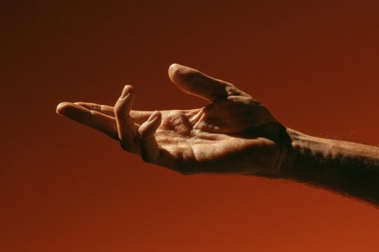 Human hand extending, seeking, or offering assistance against a warm, gradient background
