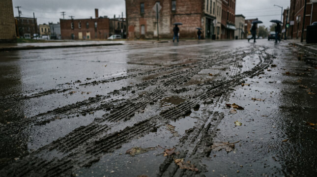 Muddy tire tracks on wet asphalt road in gloomy rainy city with copy space