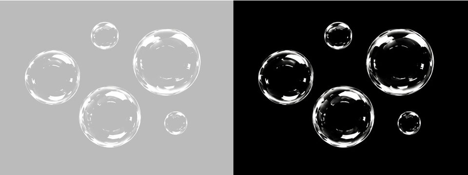 Transparent white soap bubbles with bright glossy reflections, crystal clear spheres and clean water surface, realistic floating bubbles with soft shine and round liquid shapes.
