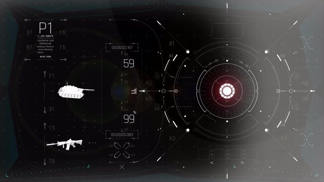Futuristic military heads up display interface with tactical targeting scope.