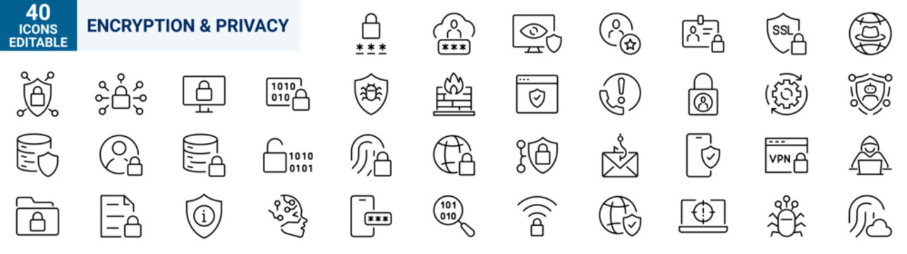 Encryption and Privacy line icons set. Data Security, Digital Privacy and Cybersecurity editable stroke. Vector illustration