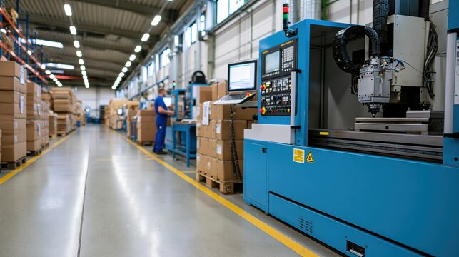 CNC workstation machining furniture components in modern factory with operator monitoring process