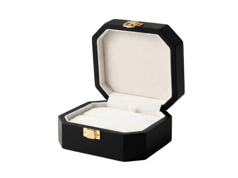An elegant open black wooden jewelry box with soft white velvet interior