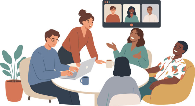 Team Meeting Around A Table With Video Call Screen