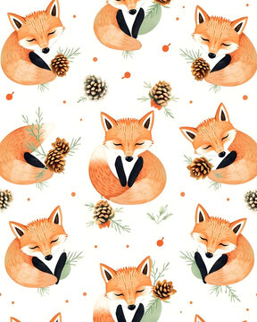 Cute watercolor fox and pinecone seamless pattern background