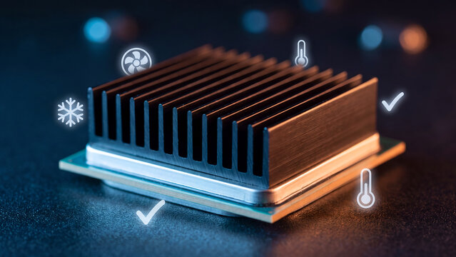 "Computer heatsink and cooling system technology concept. Copper fin cooler on processor chip with fan and temperature icon for hardware thermal management"