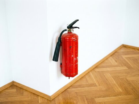 A red fire extinguisher mounted on a white wall above wooden flooring